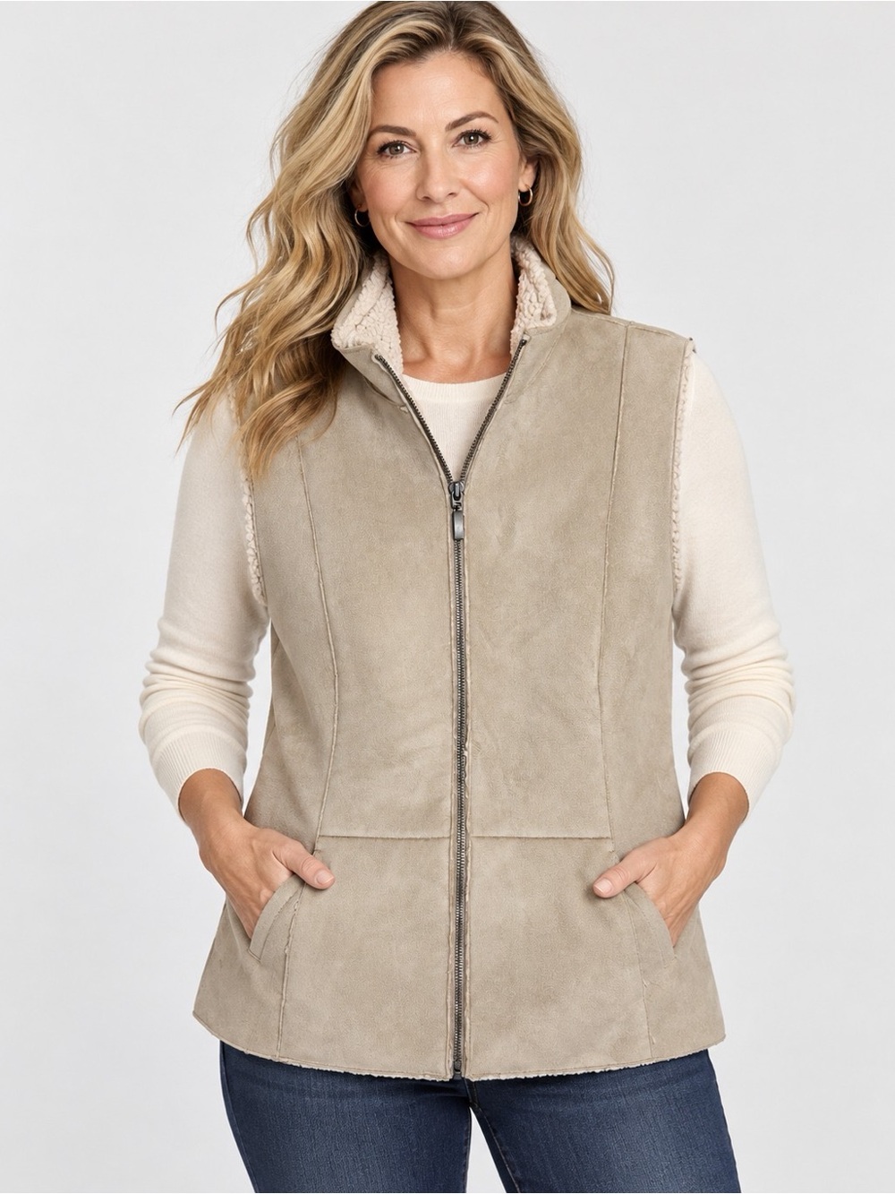 Chico's Taupe Suede-Look Shearling Vest